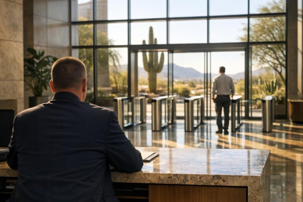 Concierge security officer at a front desk in a modern Arizona office lobby near access turnstiles