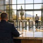 Concierge security officer at a front desk in a modern Arizona office lobby near access turnstiles