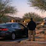 Person beside a parked car at dusk in Arizona checking a phone for signs of connected car tracking