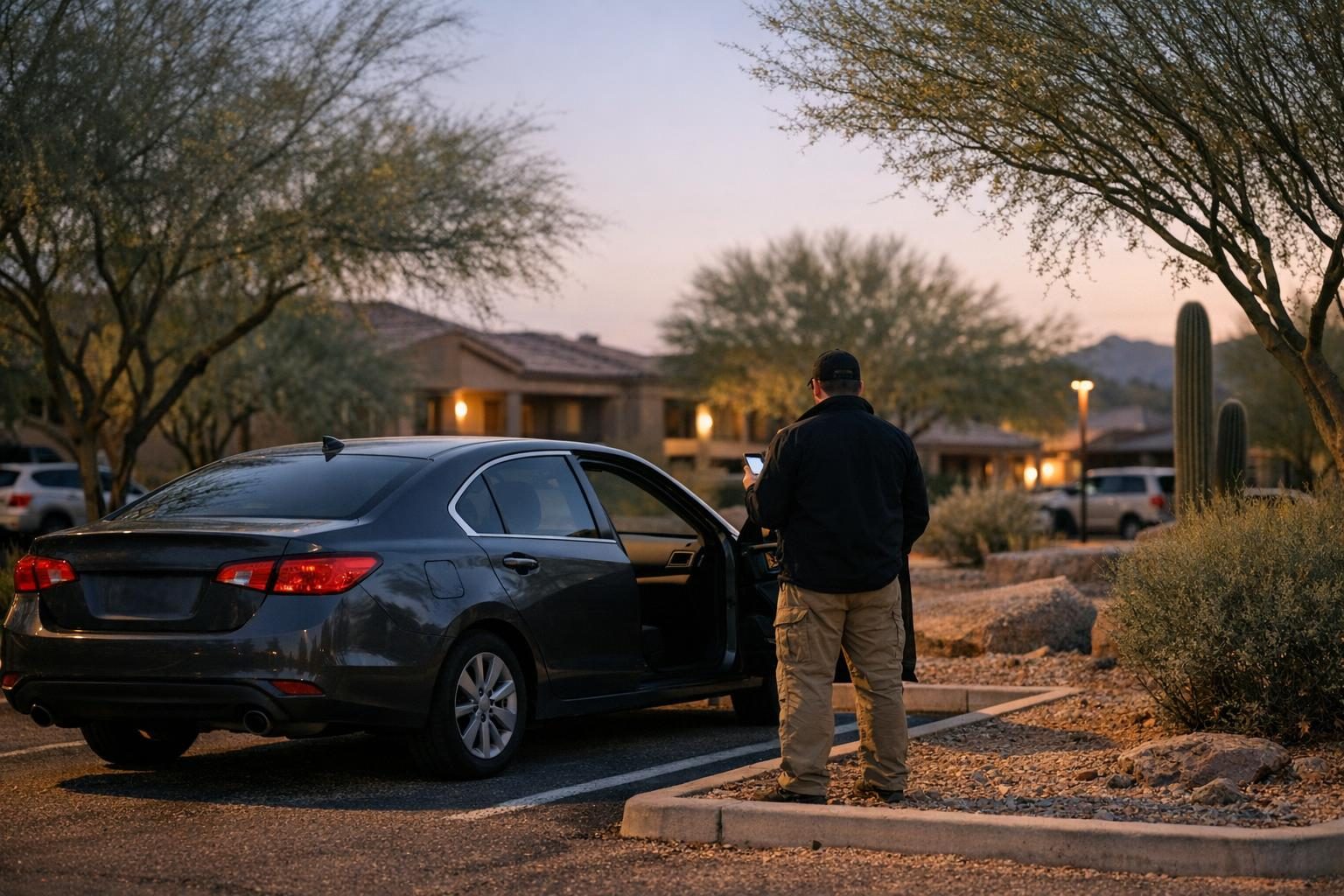 Person beside a parked car at dusk in Arizona checking a phone for signs of connected car tracking