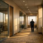 Quiet Arizona office corridor with glass meeting rooms and a distant security officer, for coworker workplace violence