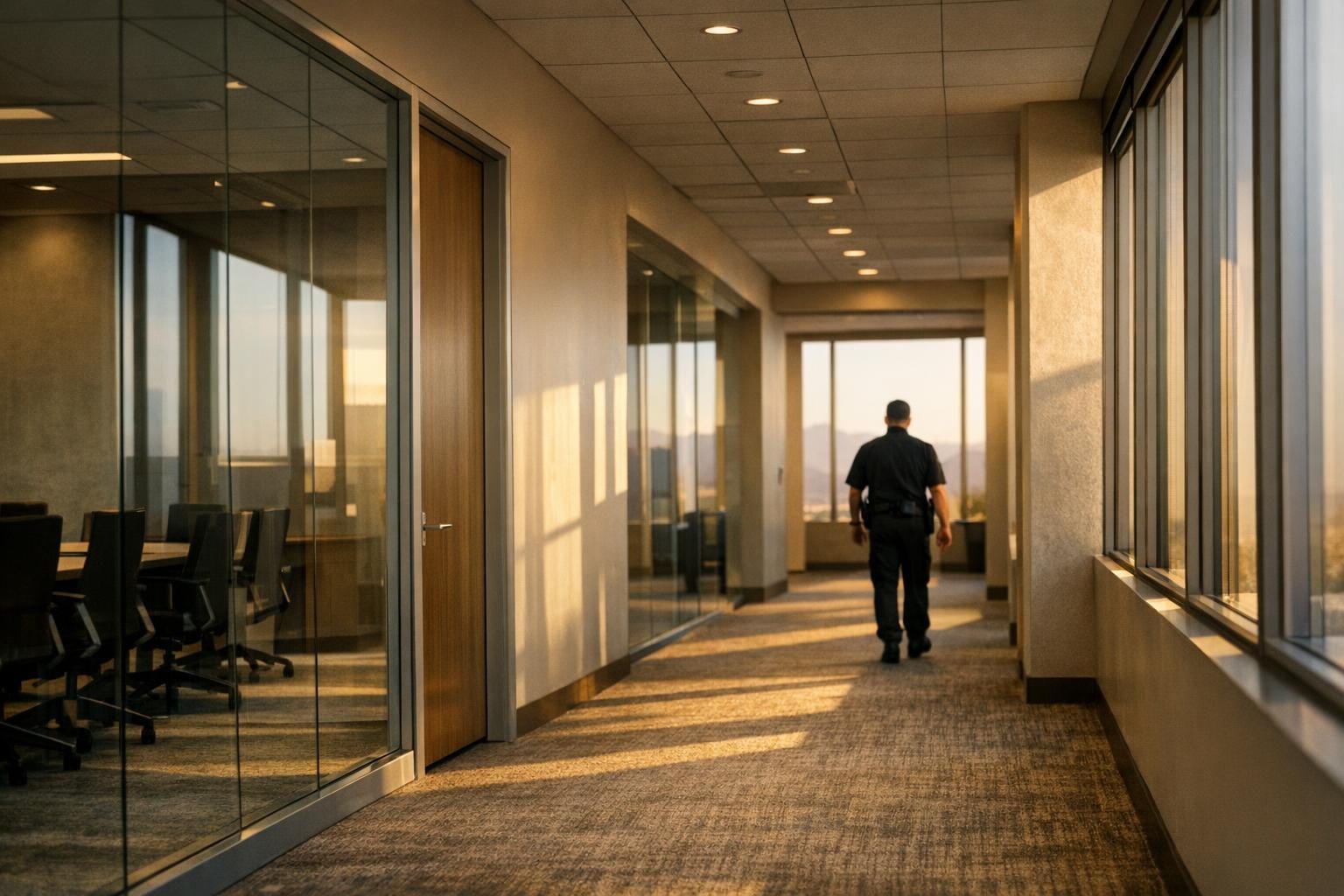 Quiet Arizona office corridor with glass meeting rooms and a distant security officer, for coworker workplace violence