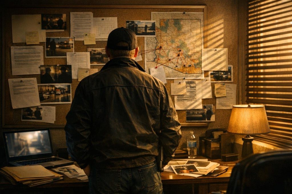 Defense investigator reviewing case files and maps in an Arizona office
