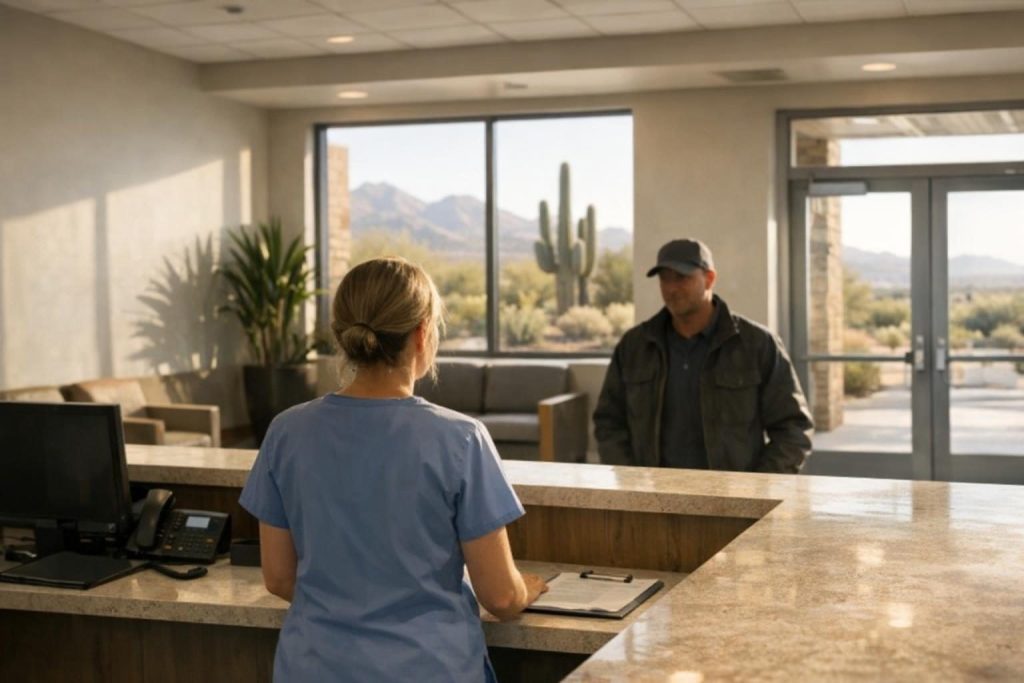 Calm Arizona clinic front desk with a deep counter and open sight lines that support customer workplace violence prevention