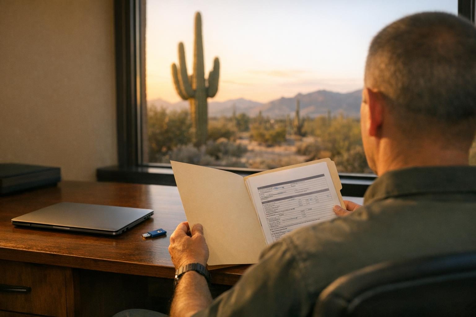 Business owner reviewing cyber insurance requirements on an application with a hardware security key on the desk