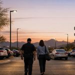 Security officer walking an employee to her car in a well-lit Arizona parking lot, a workplace violence safeguard