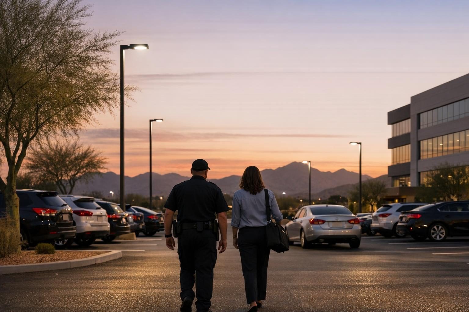 Security officer walking an employee to her car in a well-lit Arizona parking lot, a workplace violence safeguard