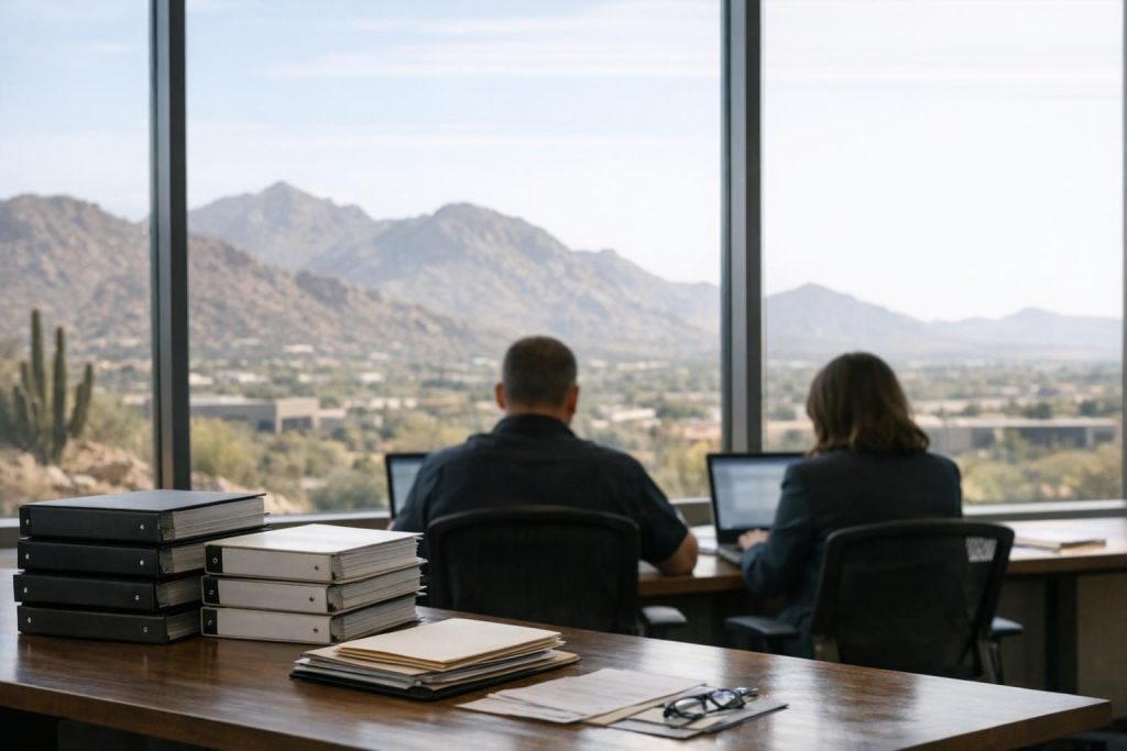 Legal team seen from behind working through an eDiscovery document review in an Arizona office