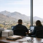Legal team seen from behind working through an eDiscovery document review in an Arizona office