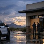 Security officers guarding a storm-damaged Arizona building during emergency security staffing coverage