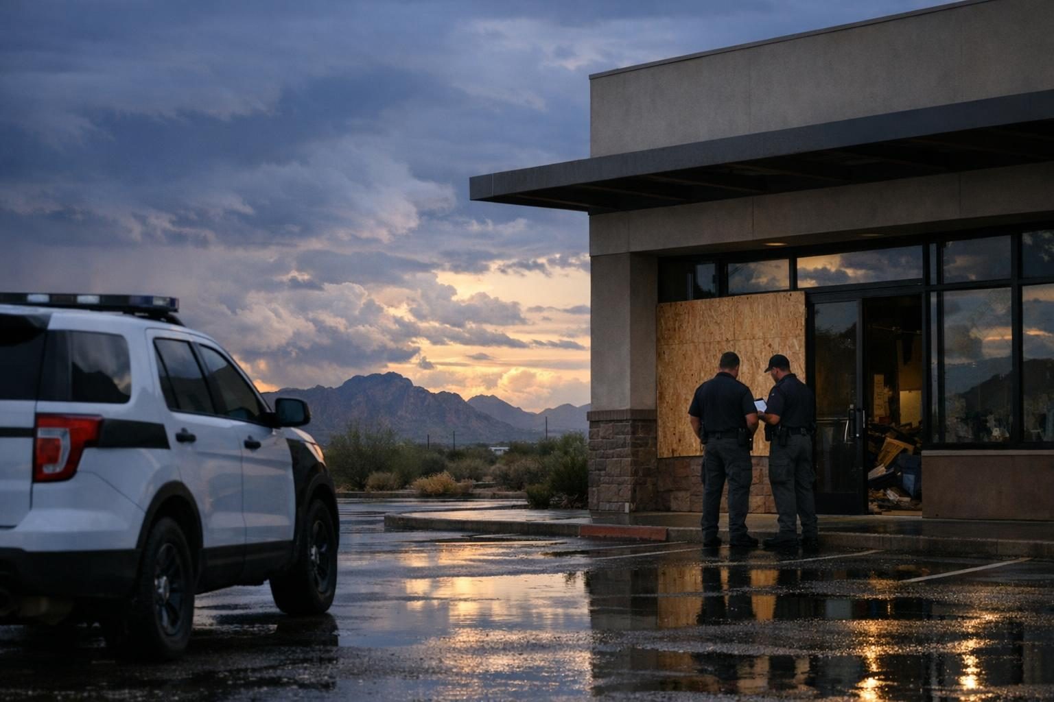 Security officers guarding a storm-damaged Arizona building during emergency security staffing coverage