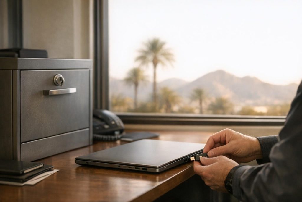 Hands inserting a security key at a dealership finance desk, illustrating FTC Safeguards Rule compliance