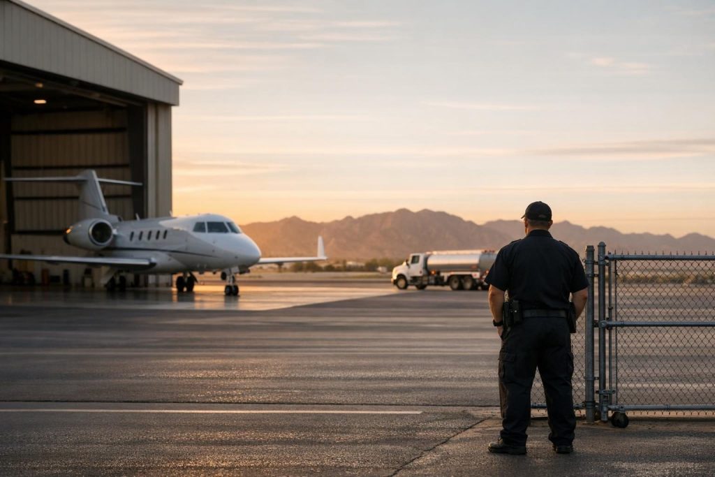 Security officer watching a vehicle gate at an Arizona FBO ramp as part of aviation security services
