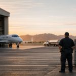 Security officer watching a vehicle gate at an Arizona FBO ramp as part of aviation security services