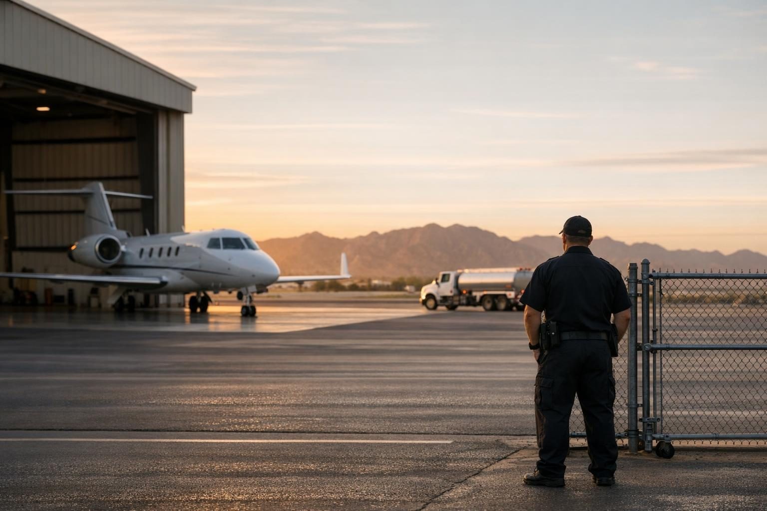 Security officer watching a vehicle gate at an Arizona FBO ramp as part of aviation security services