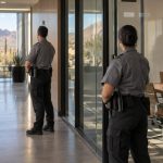 Two security officers standing by in an office hallway during a planned employee termination meeting