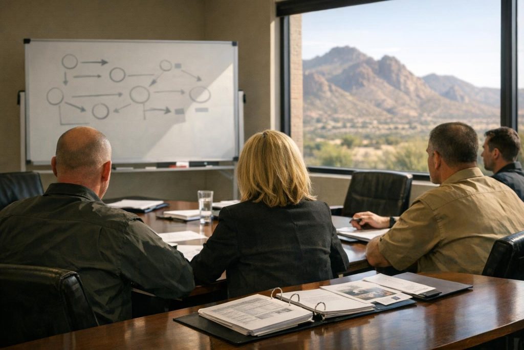 Leadership team reviewing an incident response plan during a tabletop exercise in an Arizona office