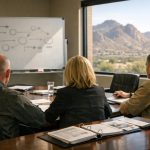 Leadership team reviewing an incident response plan during a tabletop exercise in an Arizona office
