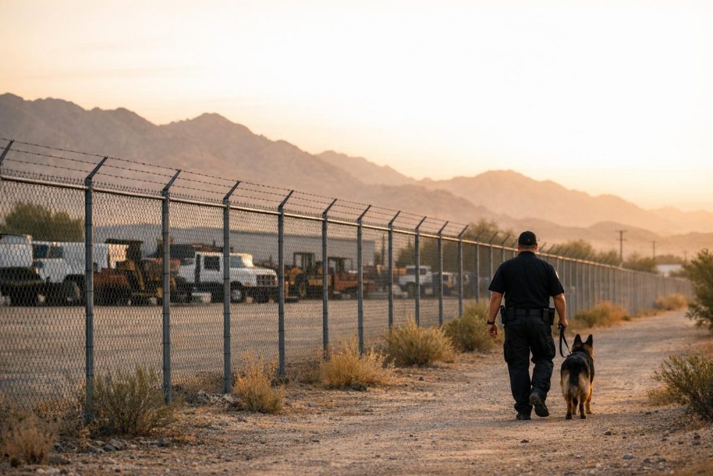 K9 security services team, a handler and leashed dog, patrolling an Arizona warehouse yard fence at sunrise