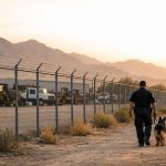 K9 security services team, a handler and leashed dog, patrolling an Arizona warehouse yard fence at sunrise