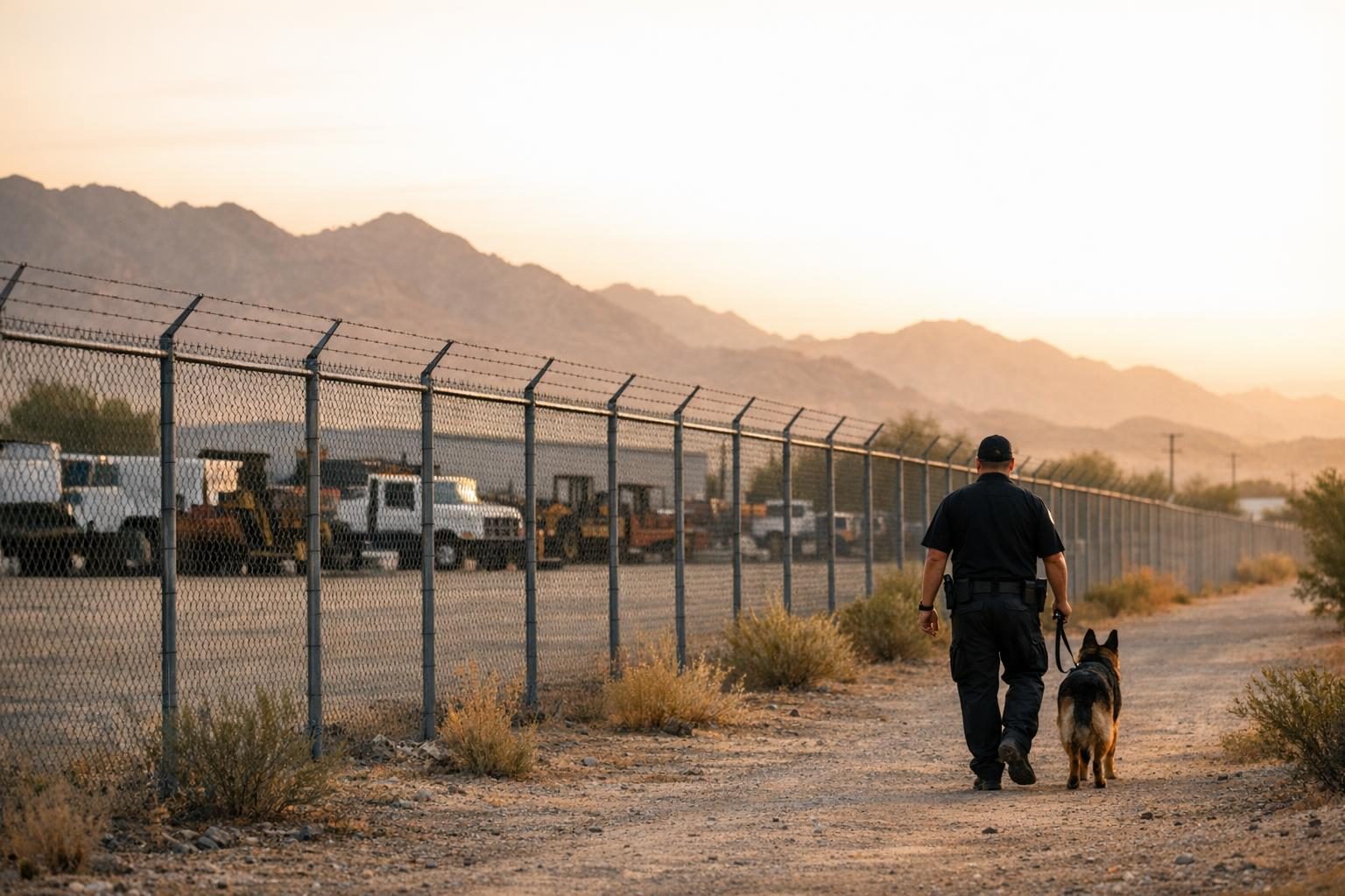 K9 security services team, a handler and leashed dog, patrolling an Arizona warehouse yard fence at sunrise