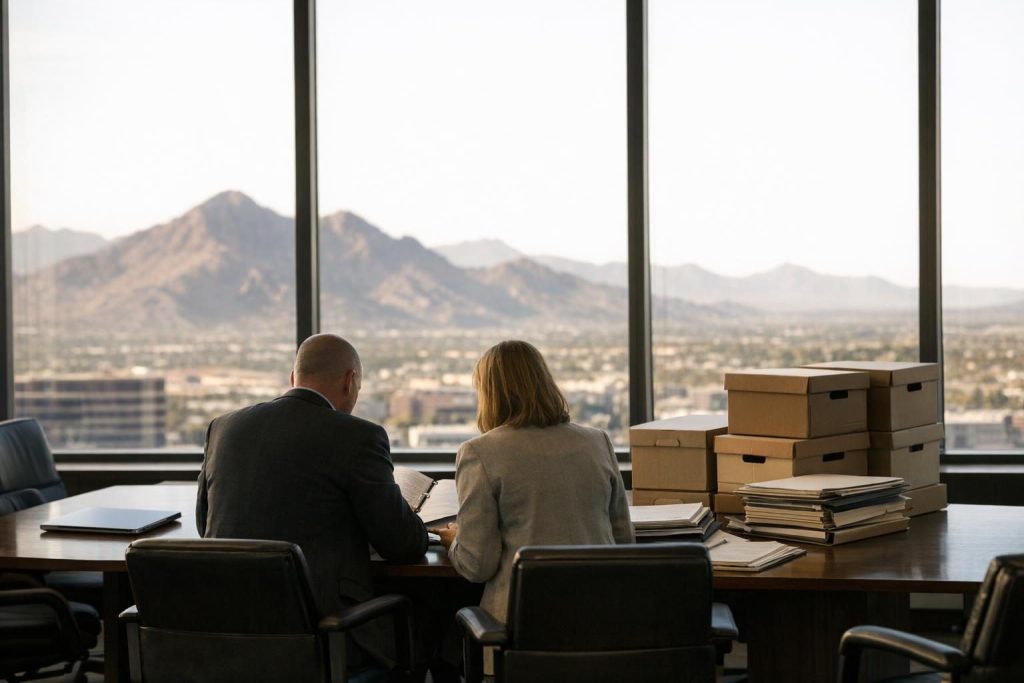 Legal team preparing a legal hold notice and reviewing preserved records in an Arizona office