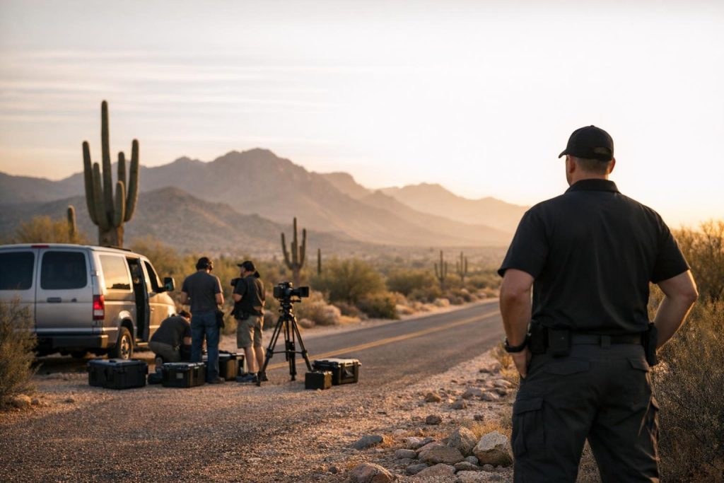 Media protection security officer watching over a video crew and camera gear on an Arizona desert location at golden hour