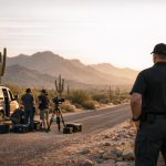 Media protection security officer watching over a video crew and camera gear on an Arizona desert location at golden hour