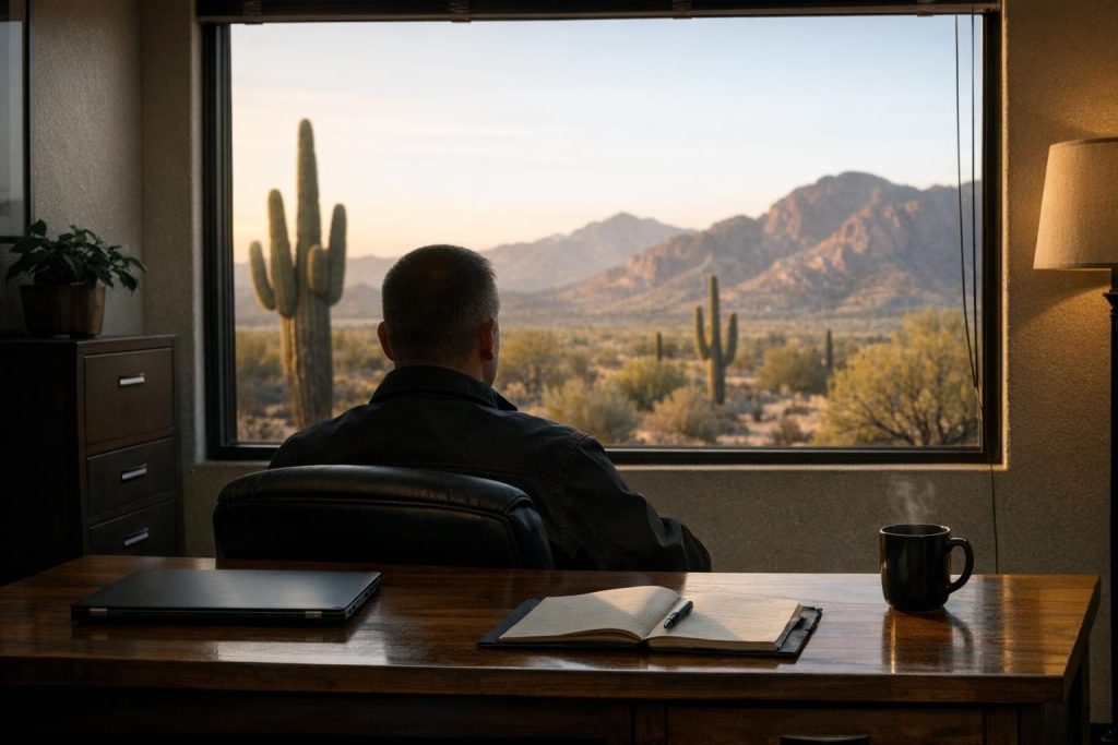 Microsoft 365 security checklist review at a small business office desk in Arizona