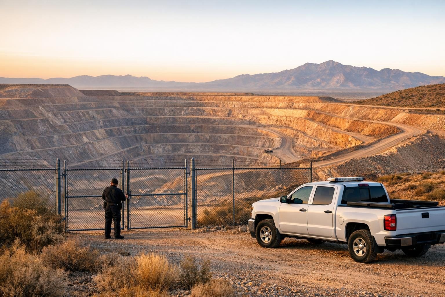 Mining security patrol at a perimeter gate of an Arizona open-pit copper mine