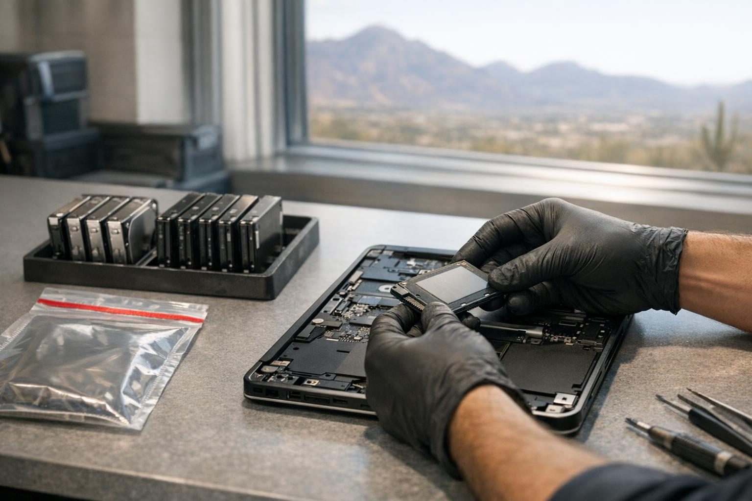 Technician removing an SSD for NIST 800-88 media sanitization at a secure workbench