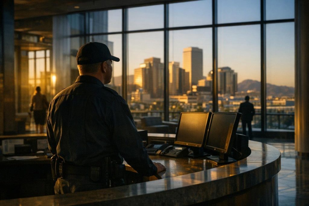 Security officer at the front desk of a Phoenix office high-rise lobby