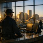 Security officer at the front desk of a Phoenix office high-rise lobby