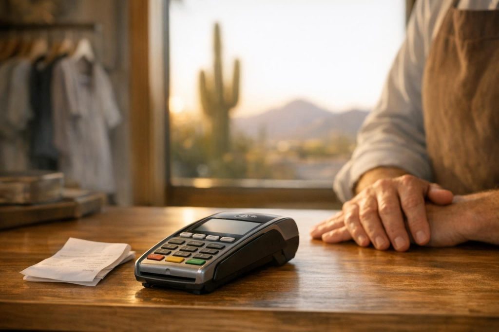 Small business card payment terminal on a shop counter, illustrating PCI DSS 4.0 compliance for small merchants