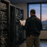 IT professional reviewing a network diagram in a server room while planning penetration testing cost and scope