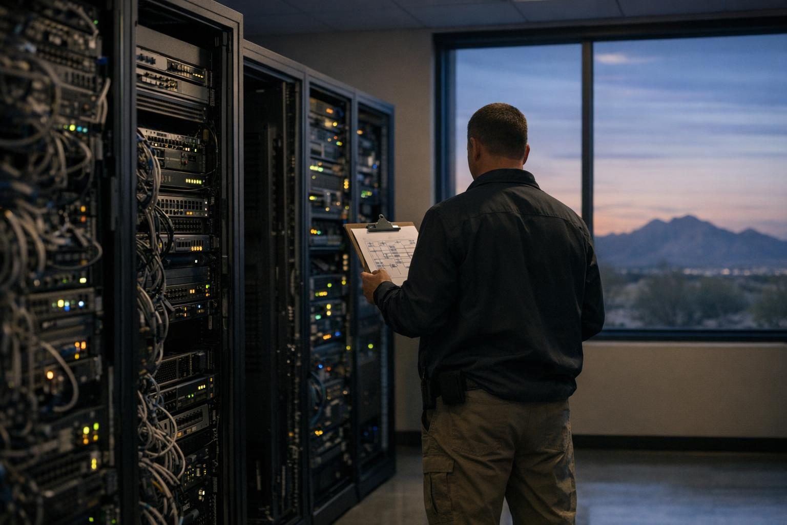 IT professional reviewing a network diagram in a server room while planning penetration testing cost and scope