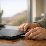 Hands inserting a hardware security key into a laptop to sign in with phishing-resistant MFA