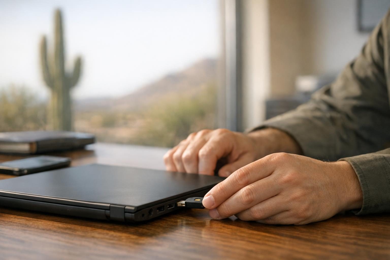 Hands inserting a hardware security key into a laptop to sign in with phishing-resistant MFA