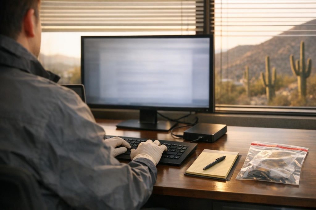 Forensic examiner capturing website evidence for court with a laptop and evidence drive