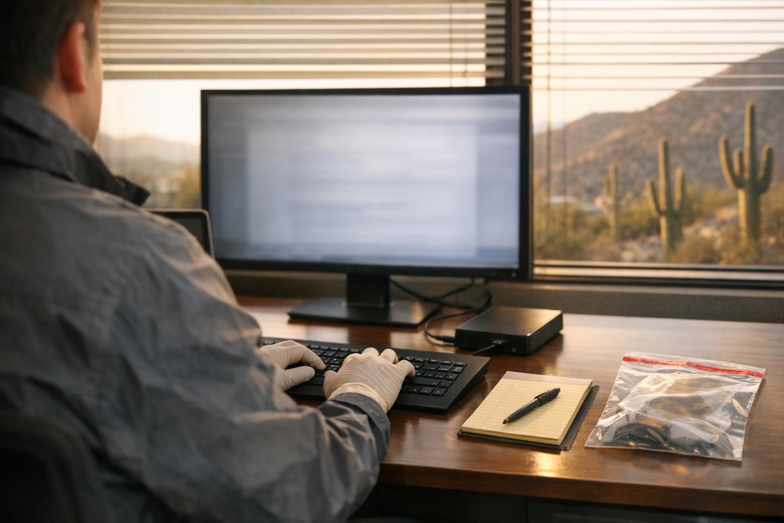 Forensic examiner capturing website evidence for court with a laptop and evidence drive