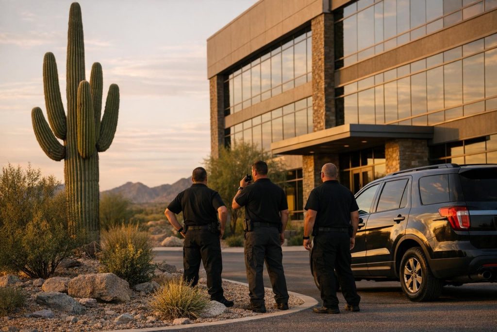 Quick reaction force security team on standby outside an Arizona office building at dusk