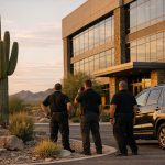 Quick reaction force security team on standby outside an Arizona office building at dusk