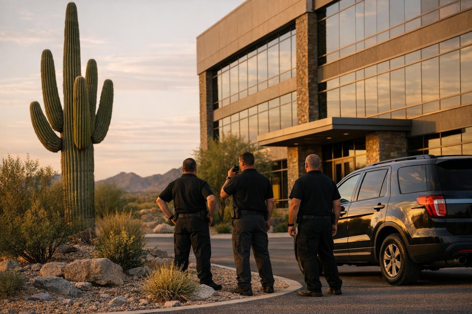 Quick reaction force security team on standby outside an Arizona office building at dusk