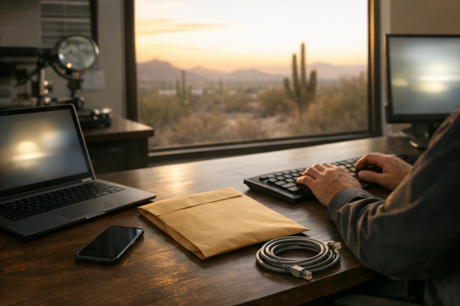 Laptop and smartphone on an examiner's desk prepared for a remote forensic collection with chain of custody