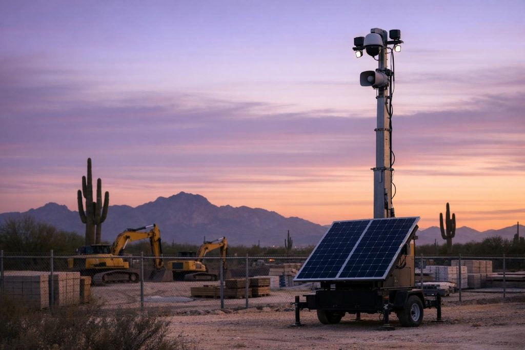 Remote video monitoring camera tower with talk-down speaker guarding an Arizona construction yard at dusk