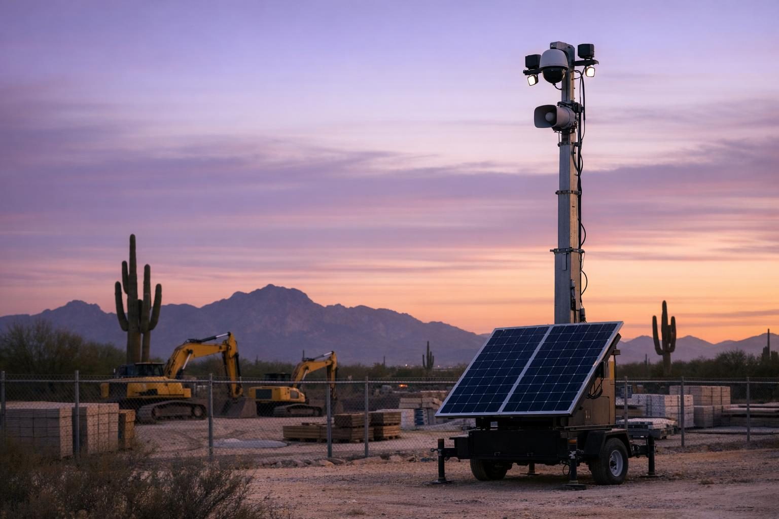 Remote video monitoring camera tower with talk-down speaker guarding an Arizona construction yard at dusk