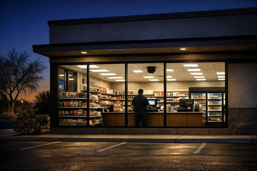 Well-lit Arizona convenience store at night with clear windows and a camera dome, a setting for preventing workplace violence
