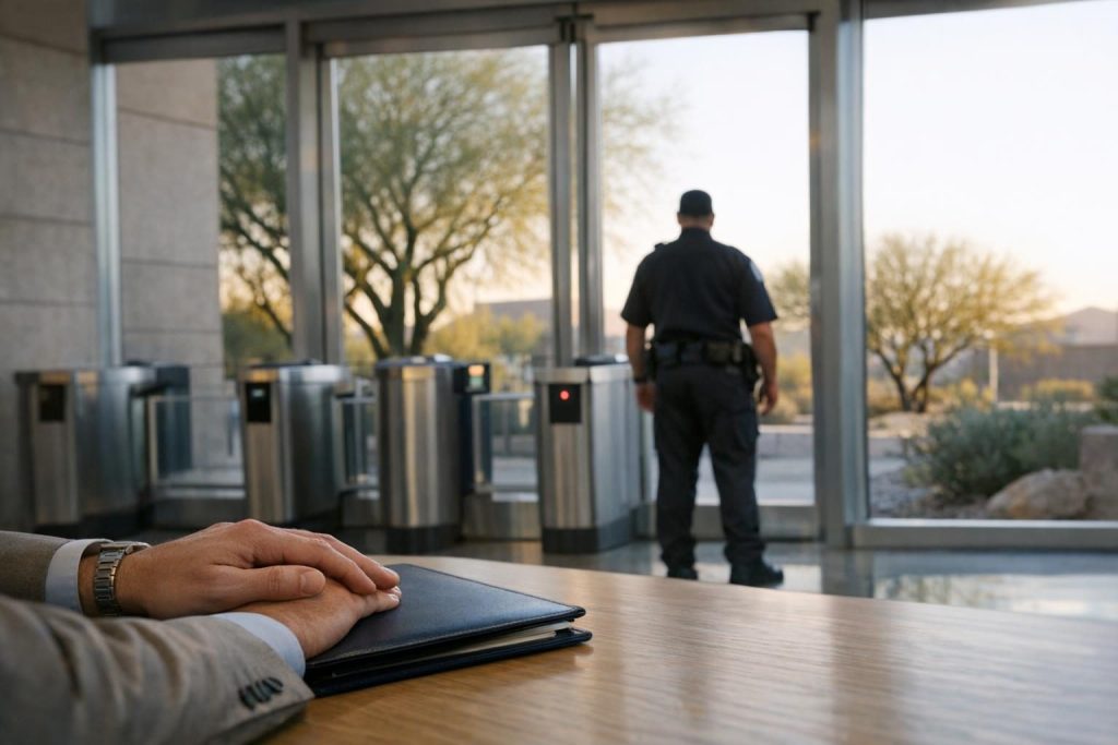 Security officer at a federal building entrance in Arizona, illustrating SDVOSB contracting for security services