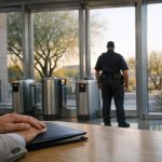 Security officer at a federal building entrance in Arizona, illustrating SDVOSB contracting for security services