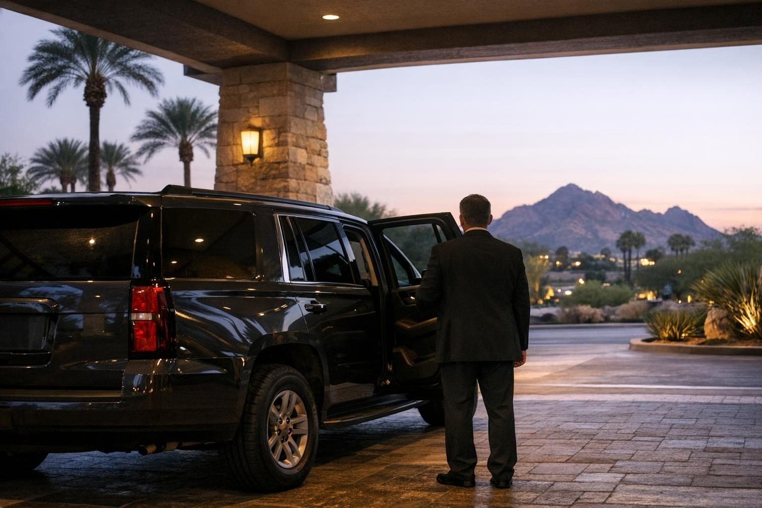 Security driver services: a protective driver beside an SUV at an Arizona hotel entrance